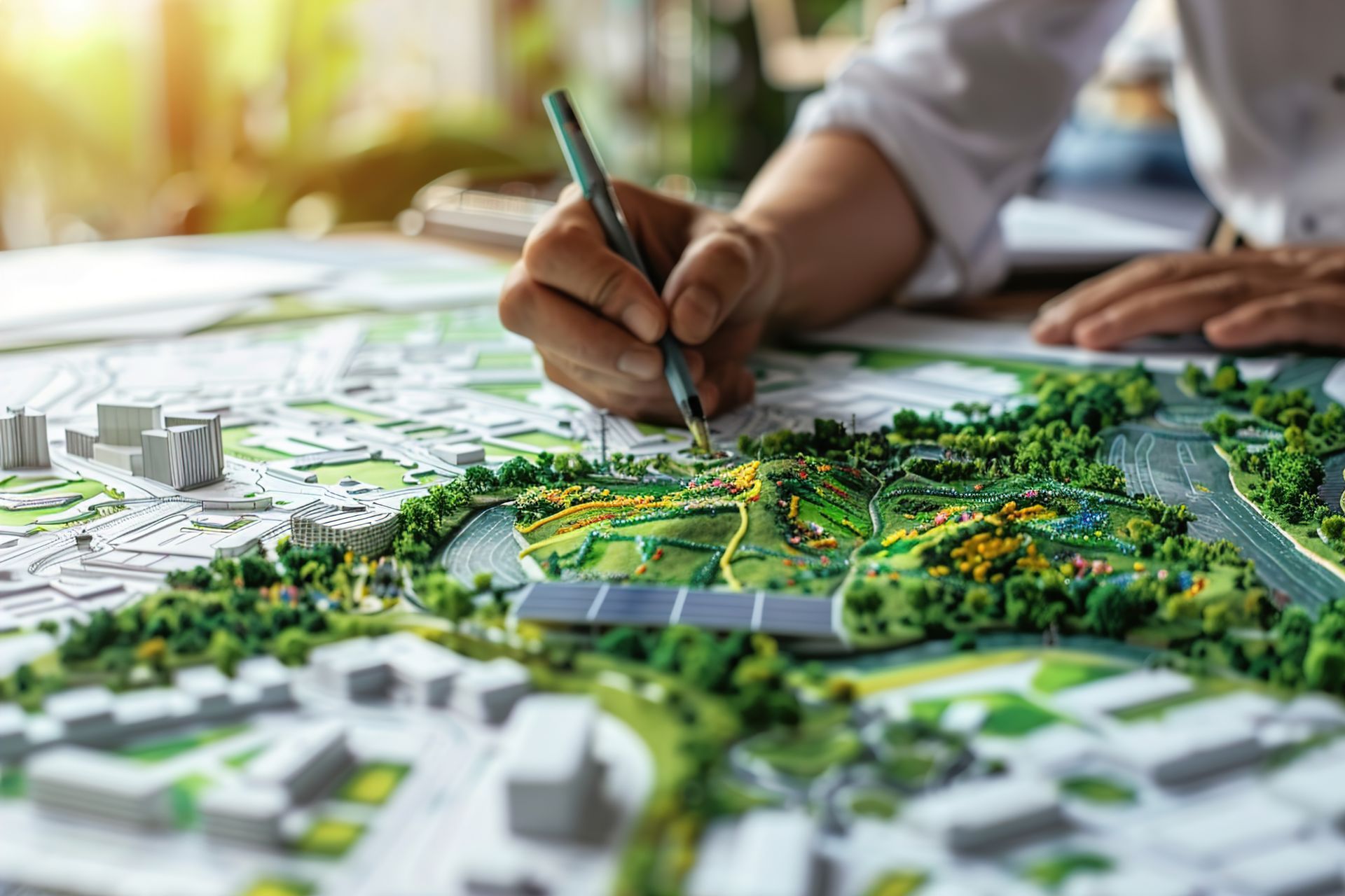 Un homme tenant un stylo penché sur un plan d'urbanisme