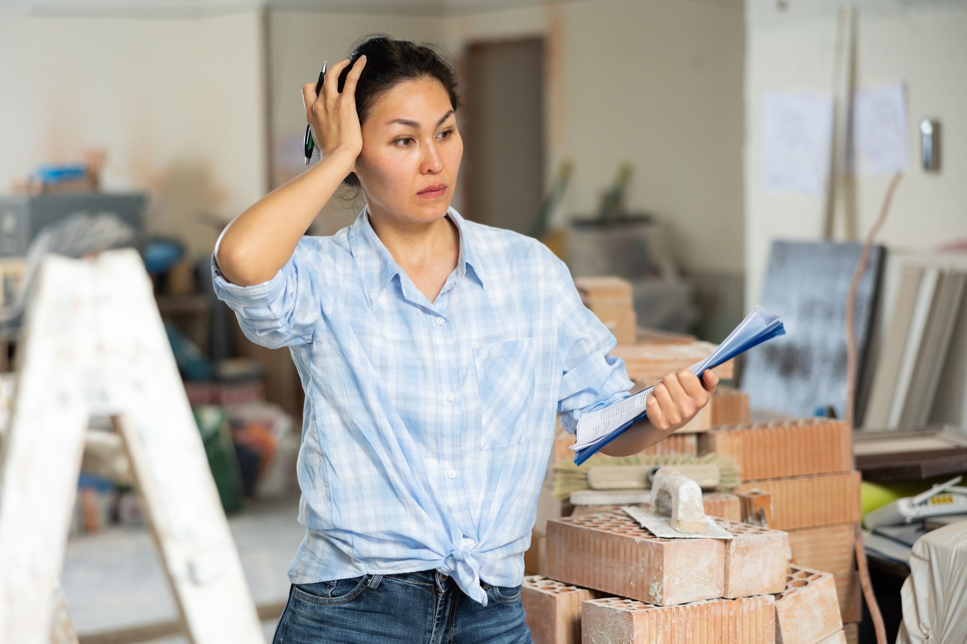 Une femme se tenant la tête dans un chantier