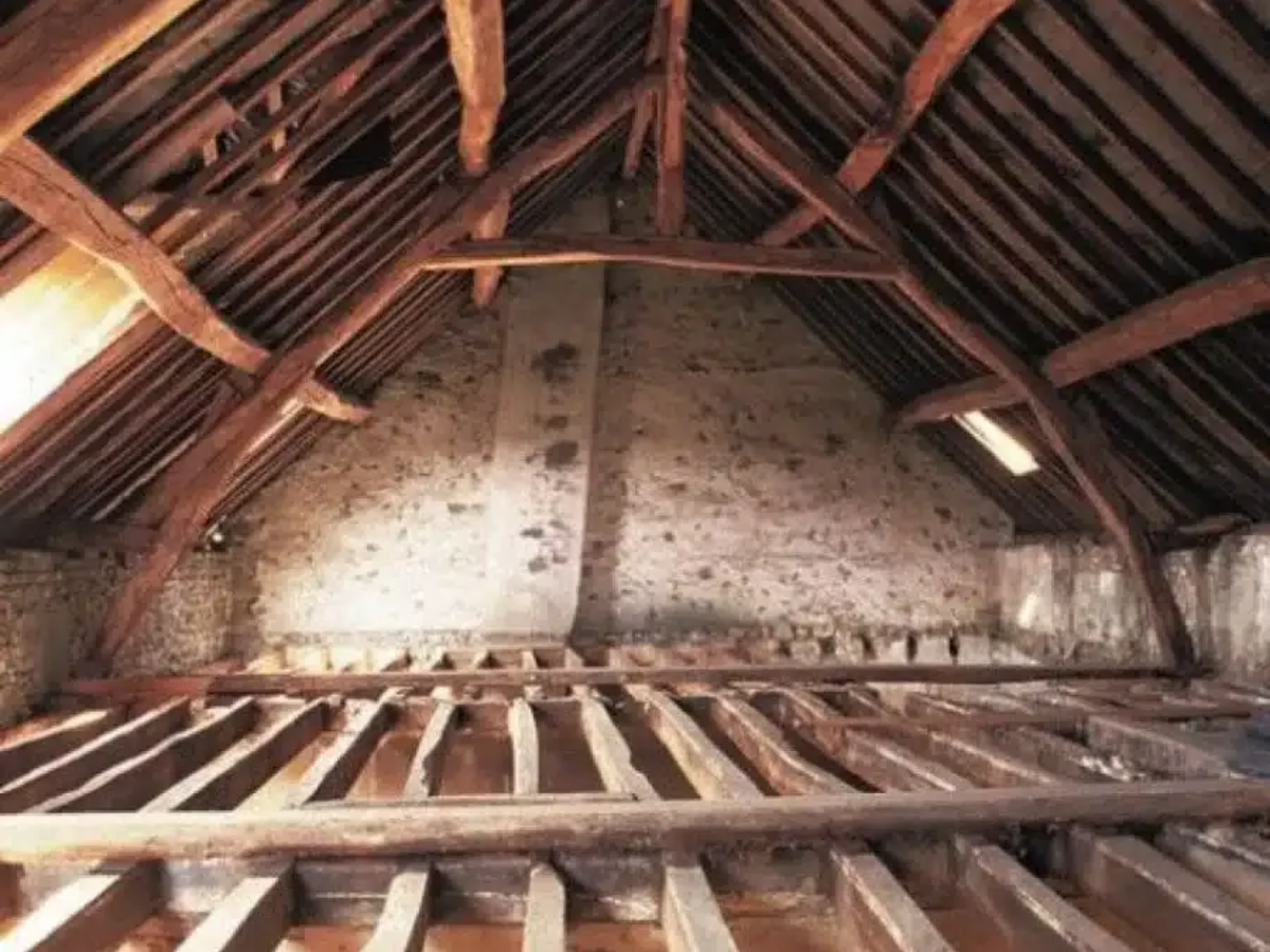 Vue intérieure d'un vieux grenier avec poutres et chevrons apparents, et un mur de pierre partiellement visible.