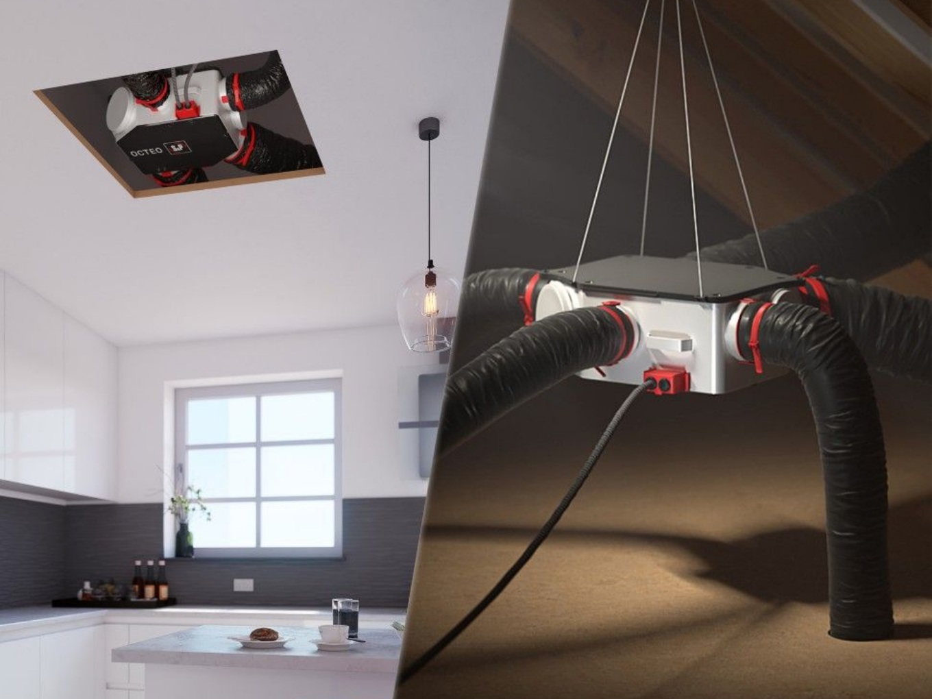 Deux images : unité de ventilation installée au plafond/dans les combles, avec des conduits flexibles raccordés aux ouvertures.