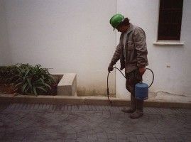 Un hombre que lleva un casco verde está rociando algo en el suelo.