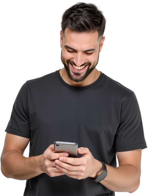 Un homme sourit en regardant son smartphone. Il porte un t-shirt gris foncé et une montre.