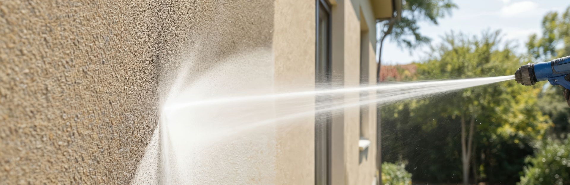 Un nettoyeur haute pression utilisé sur un mur en stuc beige.