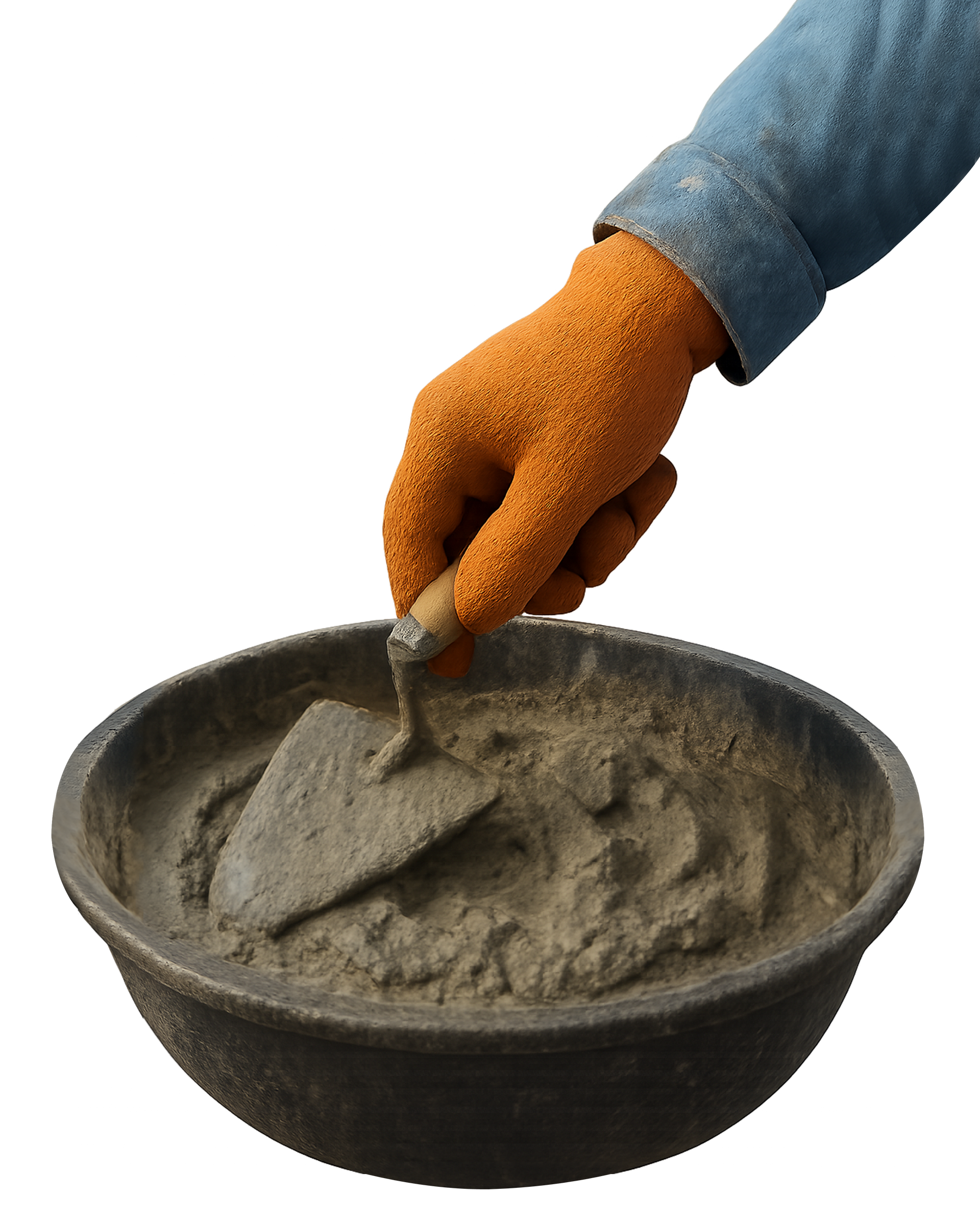 Une main gantée d'orange utilise une truelle pour mélanger du ciment dans un bol sombre.