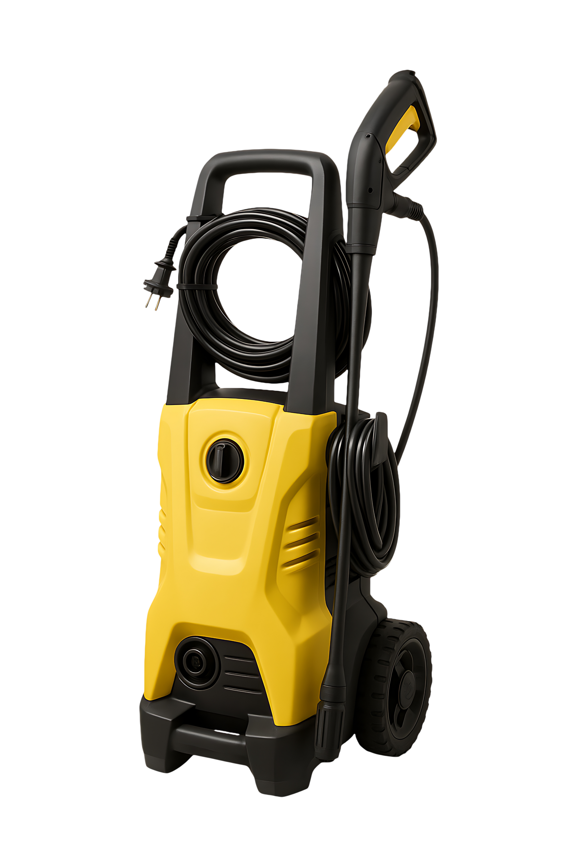 Nettoyeur haute pression jaune et noir avec tuyau, câble et roues.