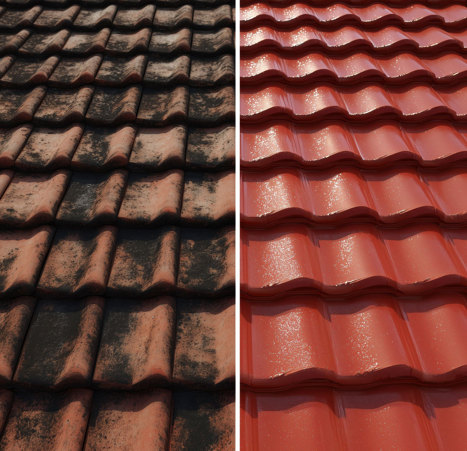 Avant et après la rénovation d'un toit de tuiles rouges. Le côté gauche est sale avec des taches sombres et le côté droit est propre et brillant.