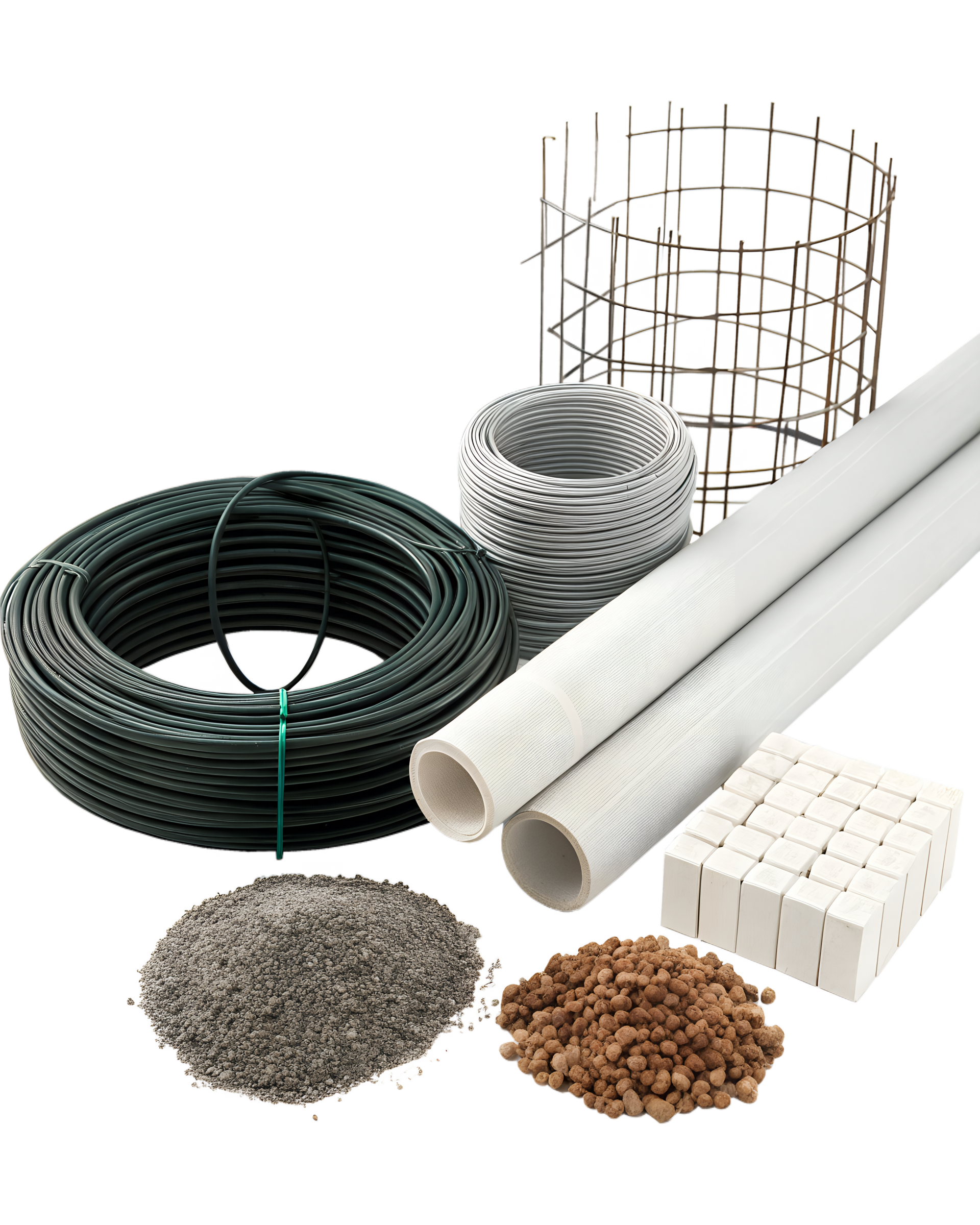 Assortiment de fournitures de jardinage : fil de fer, grillage, tubes, cailloux et petites briques blanches.