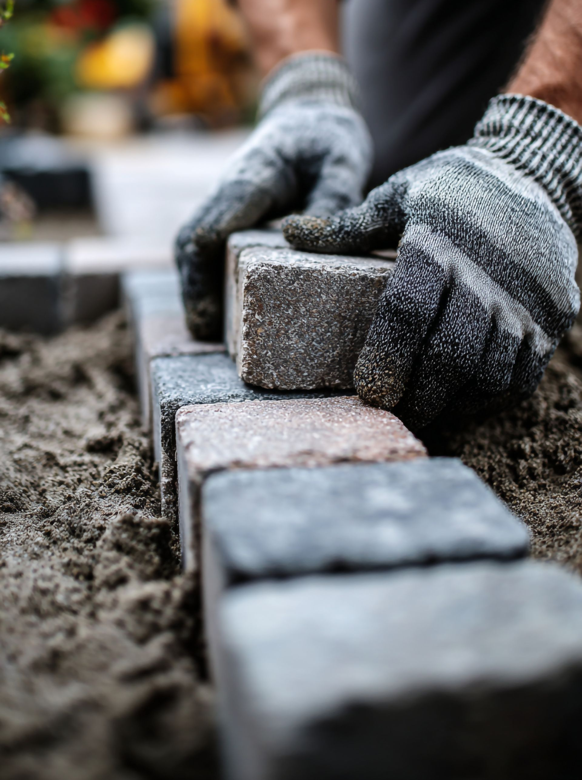 Des mains gantées posent des pavés sur un lit de sable.