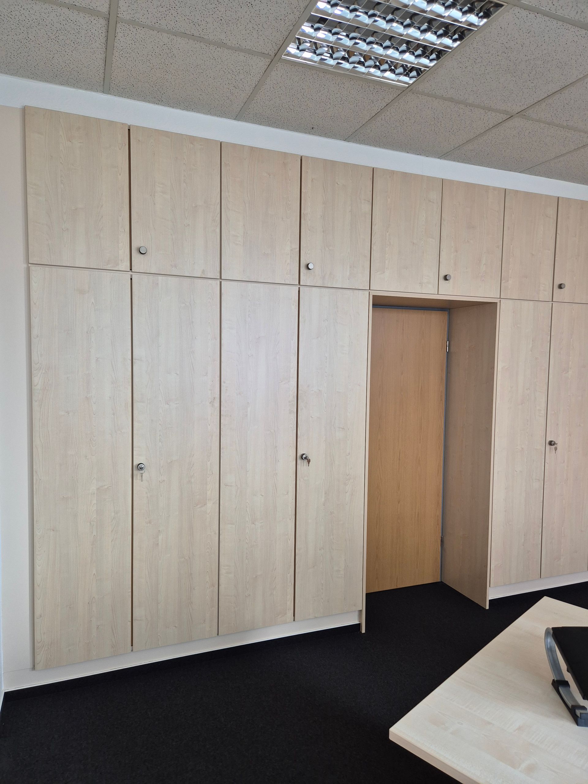 Große Einbauschrankwand aus hellem Holz mit Tür, frontal aufgenommen.
