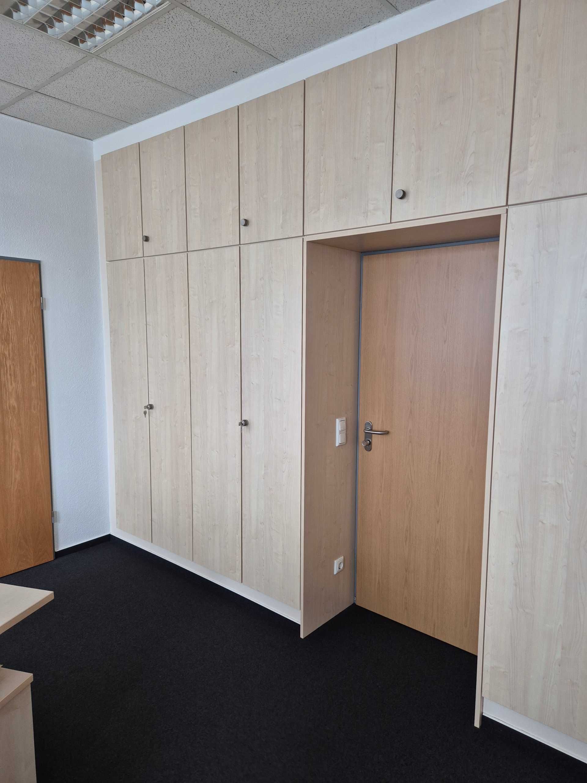 Einbauschrankwand aus hellem Holz mit integrierter Zimmertür in einem Innenraum.