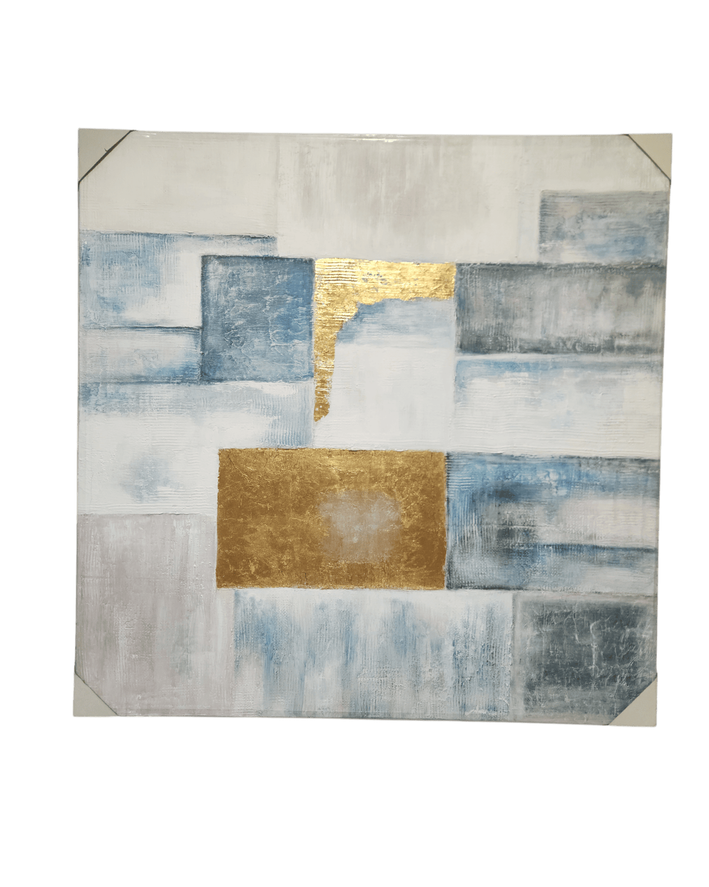 Pintura abstracta con bloques rectangulares de color azul, gris y blanco, acentuados por una prominente forma de pan de oro texturizado.