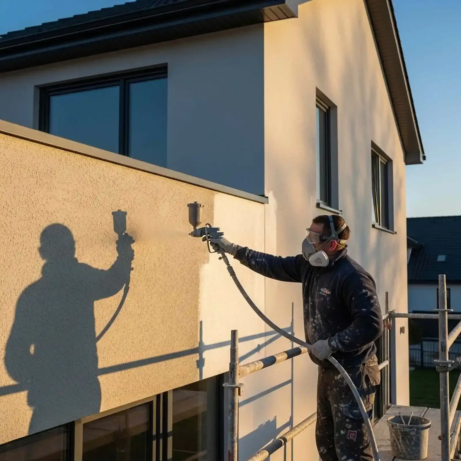 Un pintor rocía pintura beige en la pared exterior de una casa bajo la luz del sol, usando equipo de protección.