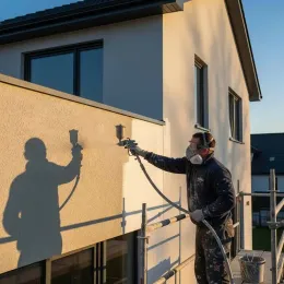 Un pintor rocía pintura beige en la pared exterior de una casa bajo la luz del sol, usando equipo de protección.