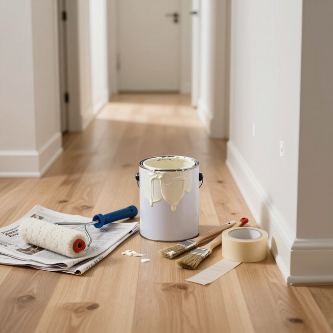 Materiales de pintura sobre un piso de madera en un pasillo, con una lata de pintura blanca, una brocha.