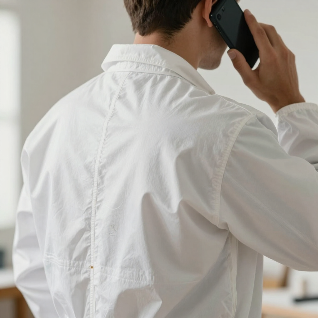 Hombre con camisa blanca hablando por teléfono inteligente en el interior de un edificio, visto desde atrás.