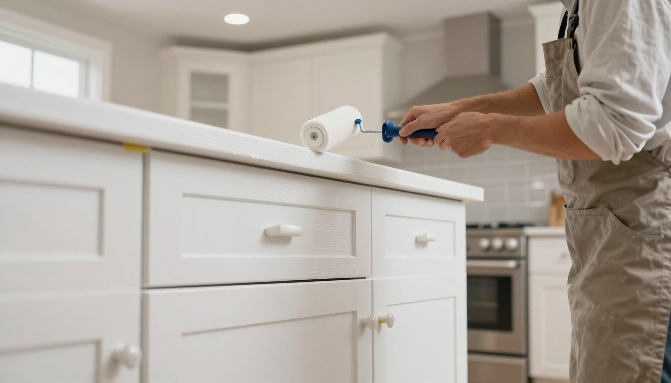 Una persona pinta los gabinetes blancos de la cocina con un rodillo de pintura de mango azul.