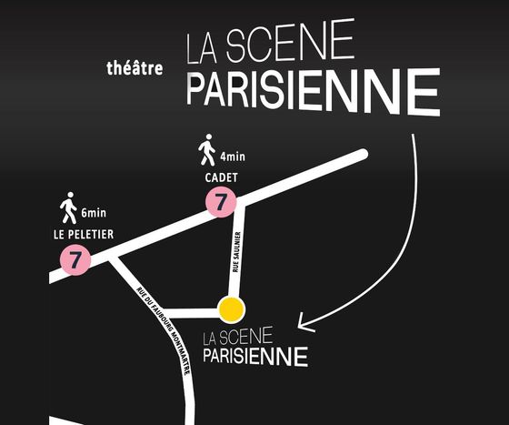 Carte d'accès au théâtre La Scène Parisienne – à 6 minutes de la ligne du métro 7 Arrêt Le Peletier, à 4 minutes de la ligne du métro 7 Arrêt cadet.