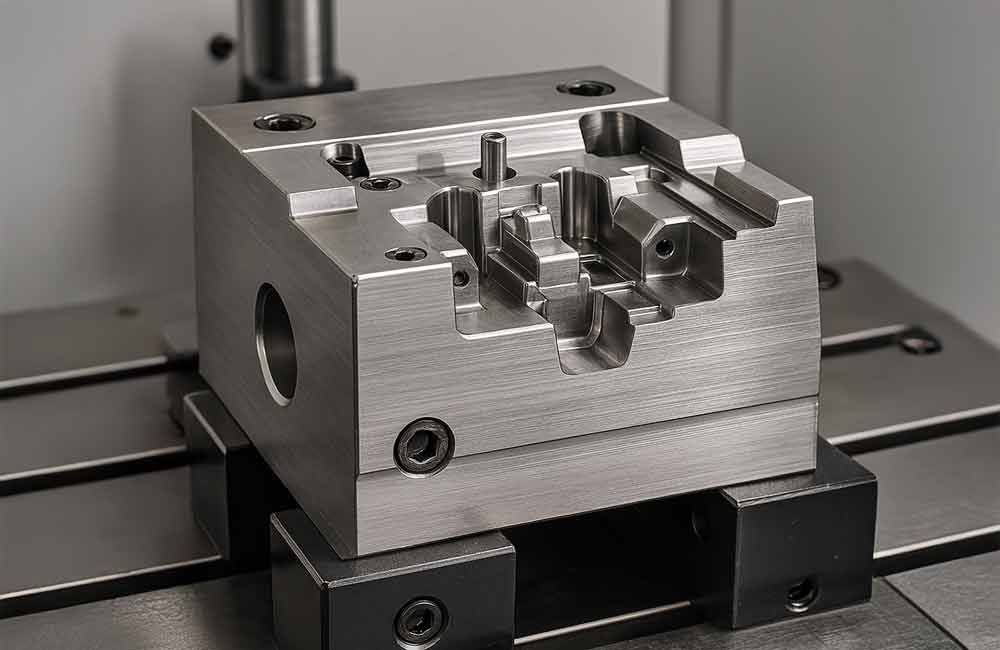Auf einer Maschine sitzt ein Metallblock.