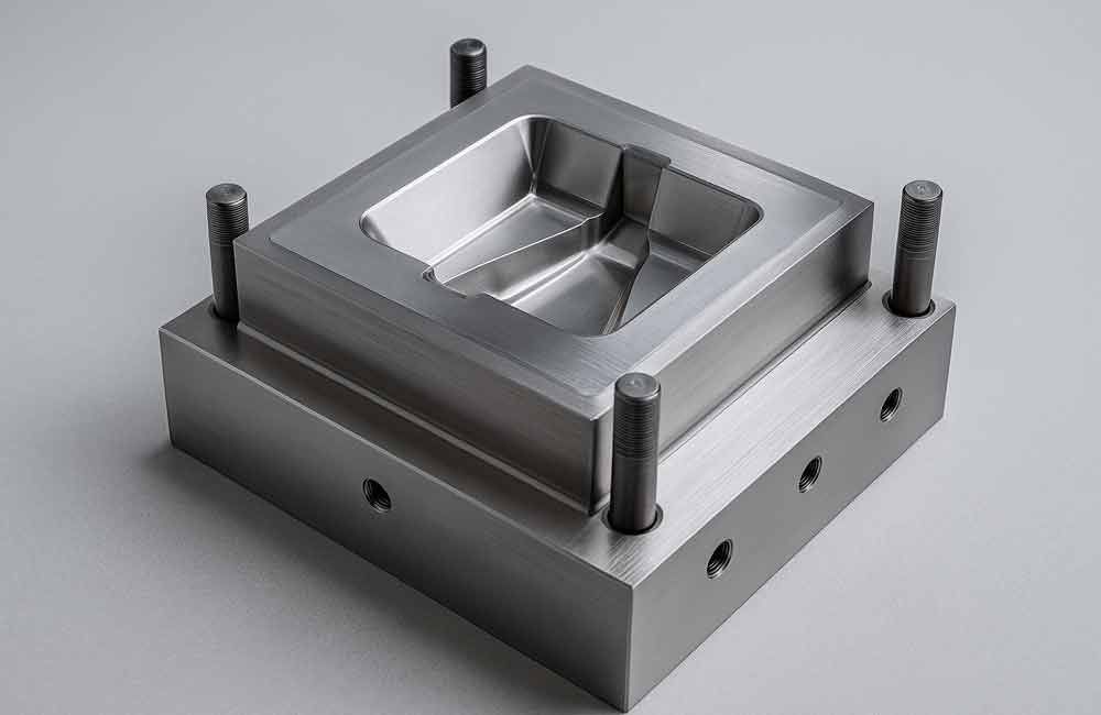 Auf einer grauen Oberfläche liegt eine Metallform.