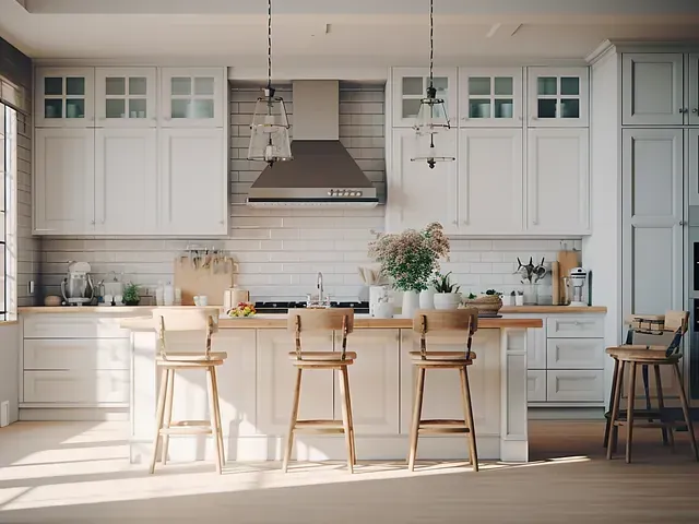 Cocina blanca con isla y taburetes, campana extractora de acero inoxidable, detalles en madera clara.