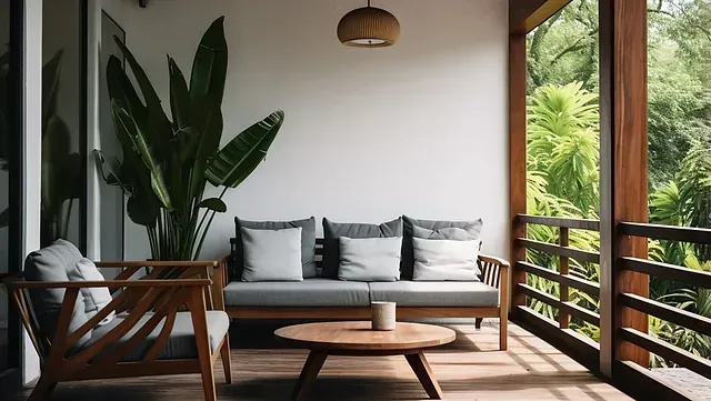 Acogedora sala de estar con paredes beige, sofá, sillones, plantas y detalles tejidos.