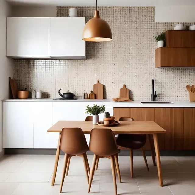 Cocina blanca con isla y taburetes, campana extractora de acero inoxidable, detalles en madera clara.