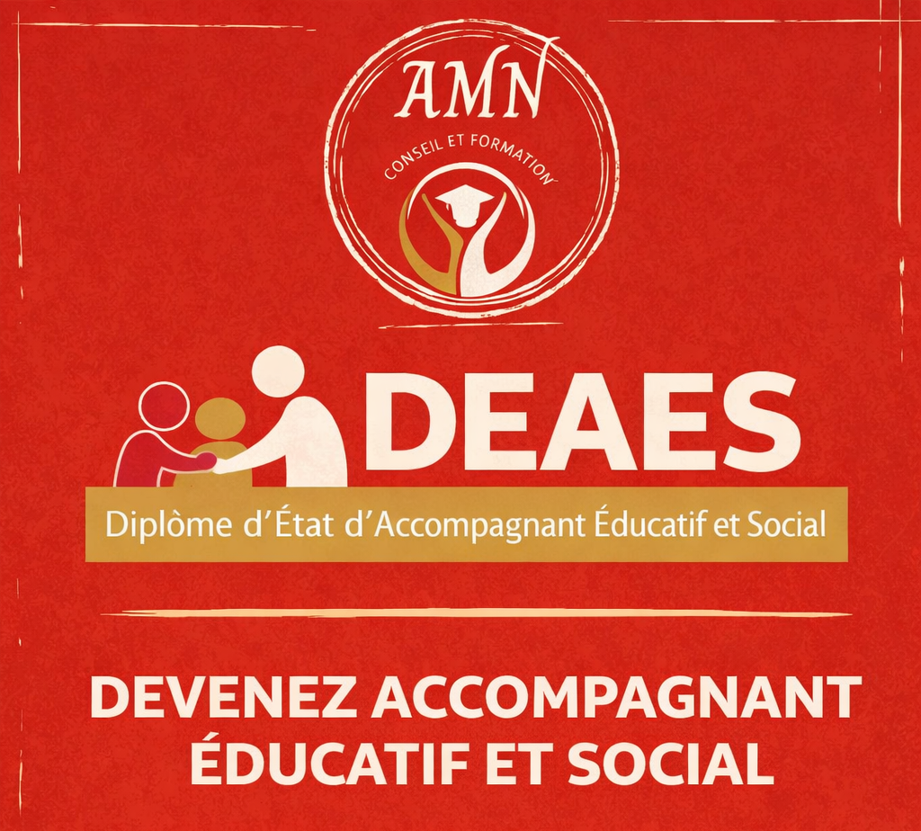 Affiche rouge faisant la promotion du diplôme DEAES. Elle comprend un logo.