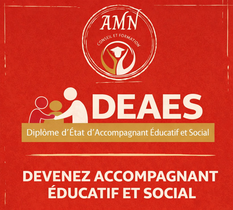 Affiche rouge faisant la promotion du diplôme DEAES. Elle comprend un logo.