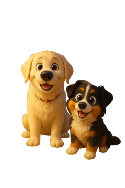 Un golden retriever et un petit chien noir, marron et blanc aux grands yeux sont assis côte à côte, souriants.