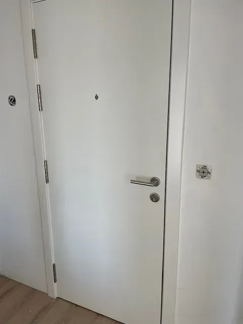 En una habitación hay una puerta blanca con tirador de acero inoxidable.