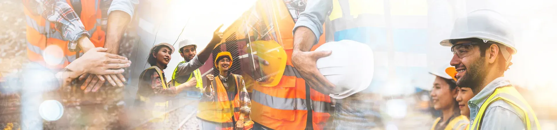 Bauarbeiter in orangefarbener Schutzkleidung und Schutzhelmen auf einem Industriegelände