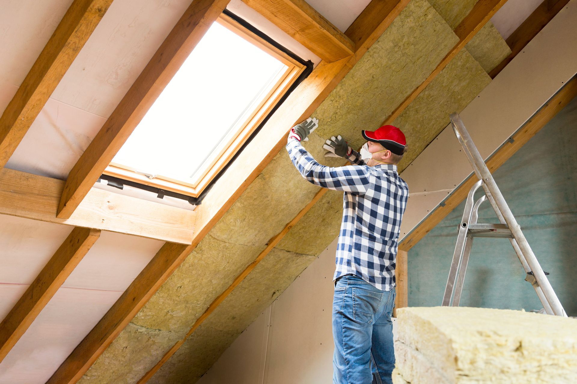 Un uomo sta installando l'isolamento sul soffitto di una soffitta.