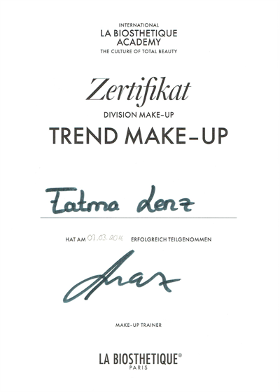 Ein zertifikat für trend make up ist unterzeichnet von tatma dent