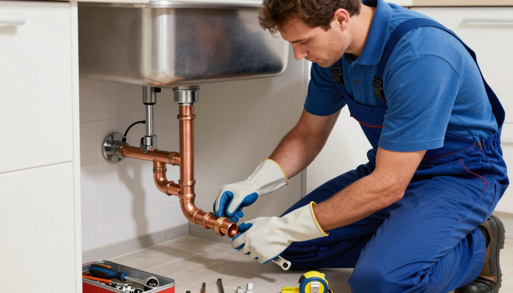 Un plombier en uniforme bleu répare un tuyau de cuivre sous un évier de cuisine, ses outils à proximité.