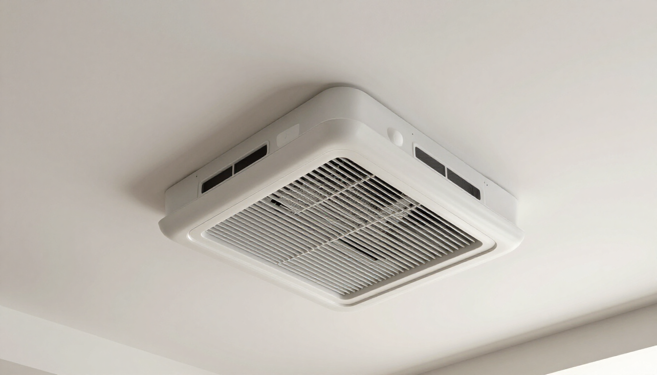 Ventilateur de plafond blanc avec grille, fixé sur un plafond clair.