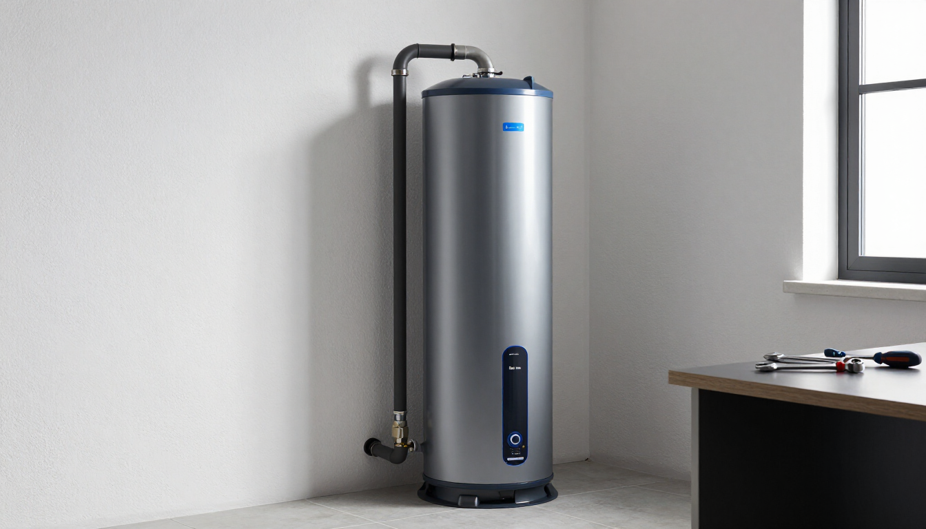 Un grand chauffe-eau argenté dans un coin, près d'une fenêtre et d'un bureau, dans une pièce minimaliste.