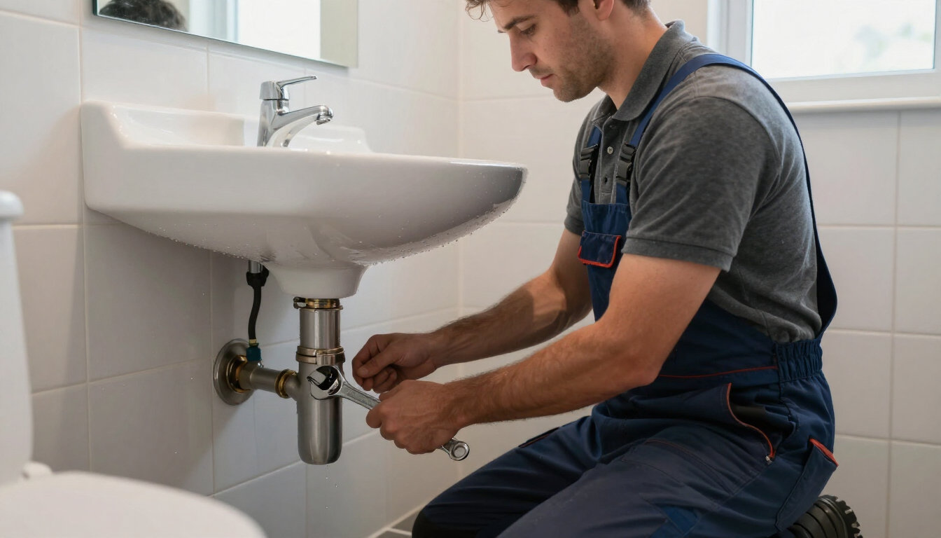 Un plombier resserre des tuyaux sous un lavabo blanc à l'aide d'une clé.