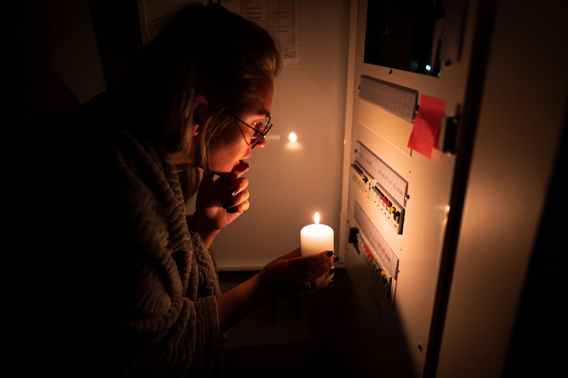 Personne tenant une bougie dans une pièce sombre, lisant un panneau ou un compteur fixé au mur.