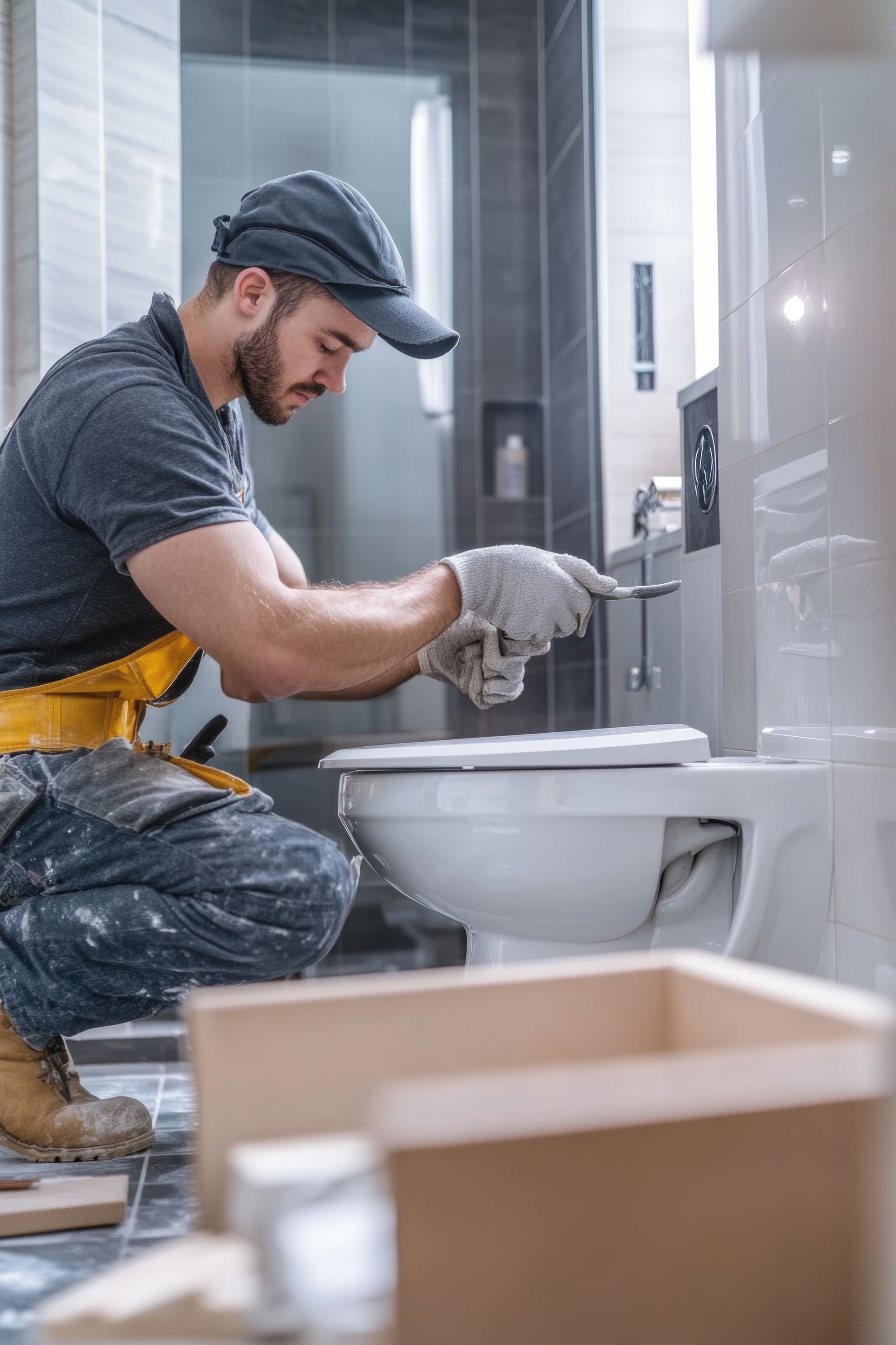 Plombier en chemise grise et gants installant un lavabo avec ses outils dans une salle de bains carrelée.