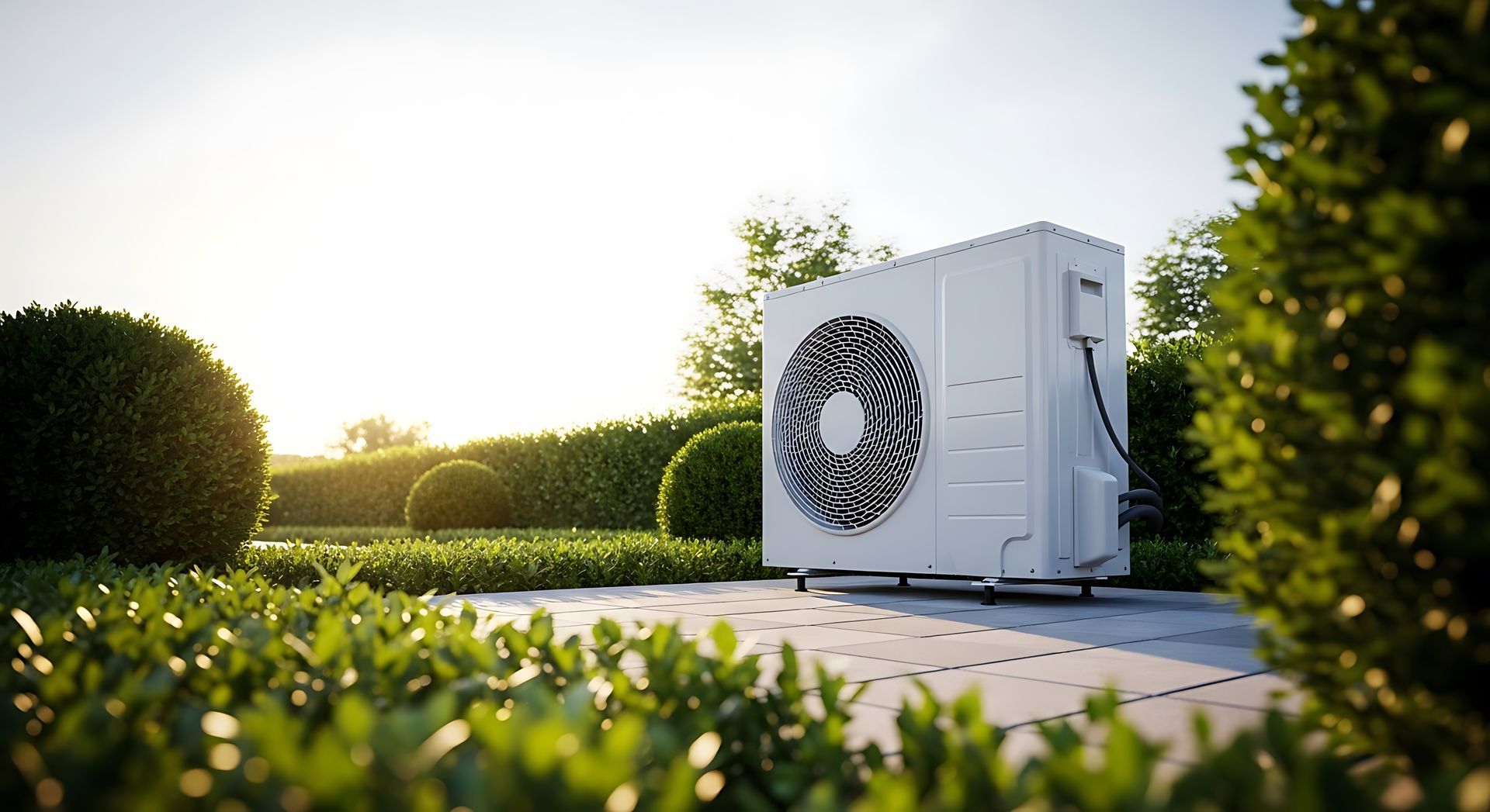 Unité de climatisation extérieure blanche sur une terrasse pavée dans un jardin paysager ensoleillé