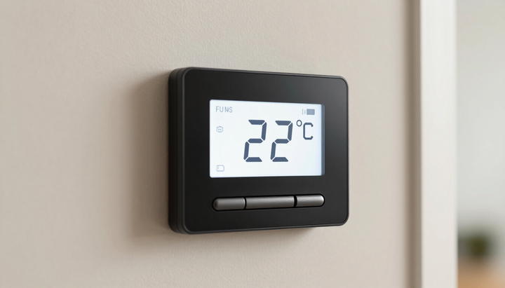 Thermostat mural noir affichant 22 °C sur un mur beige.