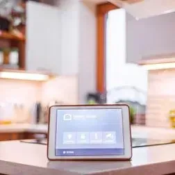 Una tableta está colocada encima de una encimera de cocina.