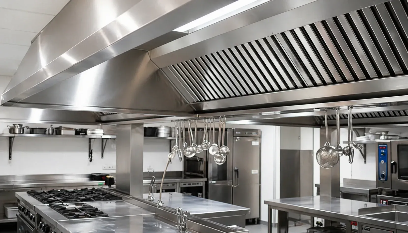 Cocina comercial moderna con encimeras, placa de cocción, fregaderos y campana extractora de gran tamaño, todo ello en acero inoxidable.