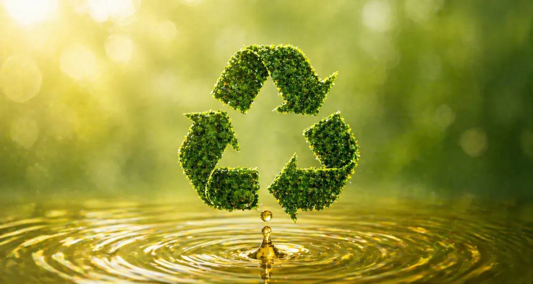 Símbolo verde de reciclaje flotando sobre ondas de agua en un suave fondo dorado.