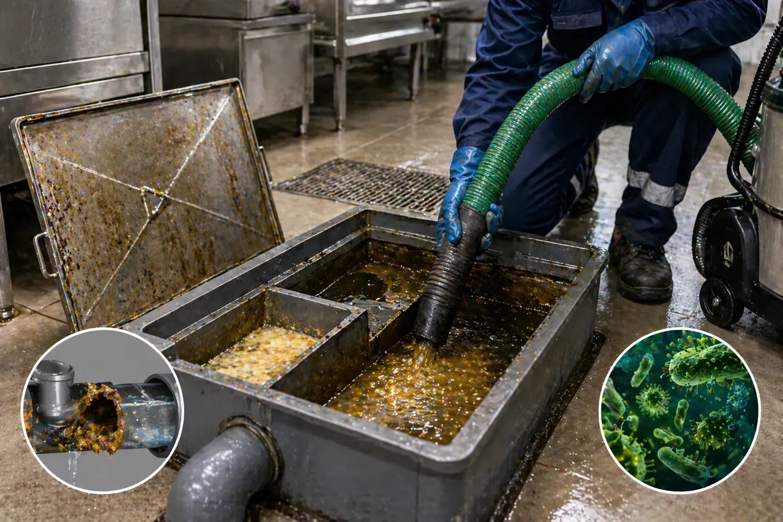 Trabajador limpiando una trampa de grasa con una manguera en una cocina comercial.