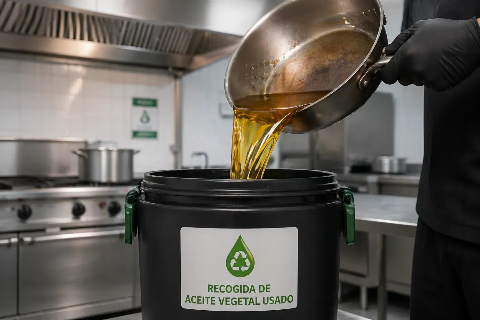 Un trabajador con guantes vierte aceite dorado en un contenedor negro en la zona de reciclaje de una cocina comercial.