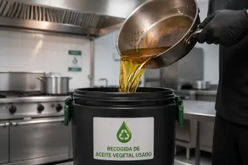 Un trabajador con guantes vierte aceite dorado en un contenedor negro en la zona de reciclaje de una cocina comercial.