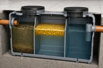 Tanque de agua de tres compartimentos con capas de líquido de colores y tapas negras en un sótano.