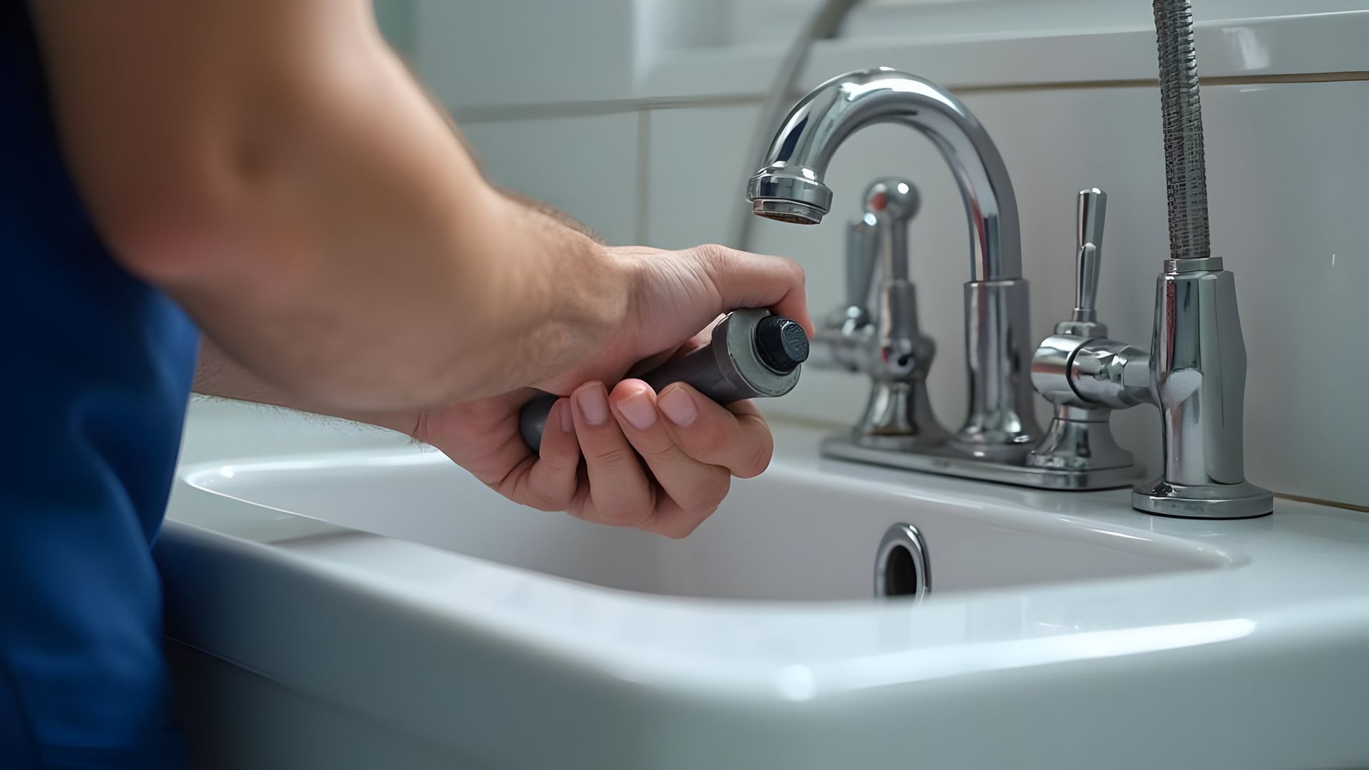 Douche en construction avec panneaux muraux gris, porte blanche et outils au sol.