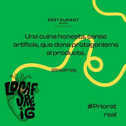 Promoció de restaurant verd amb text sobre cuina honesta i una imatge de cor.